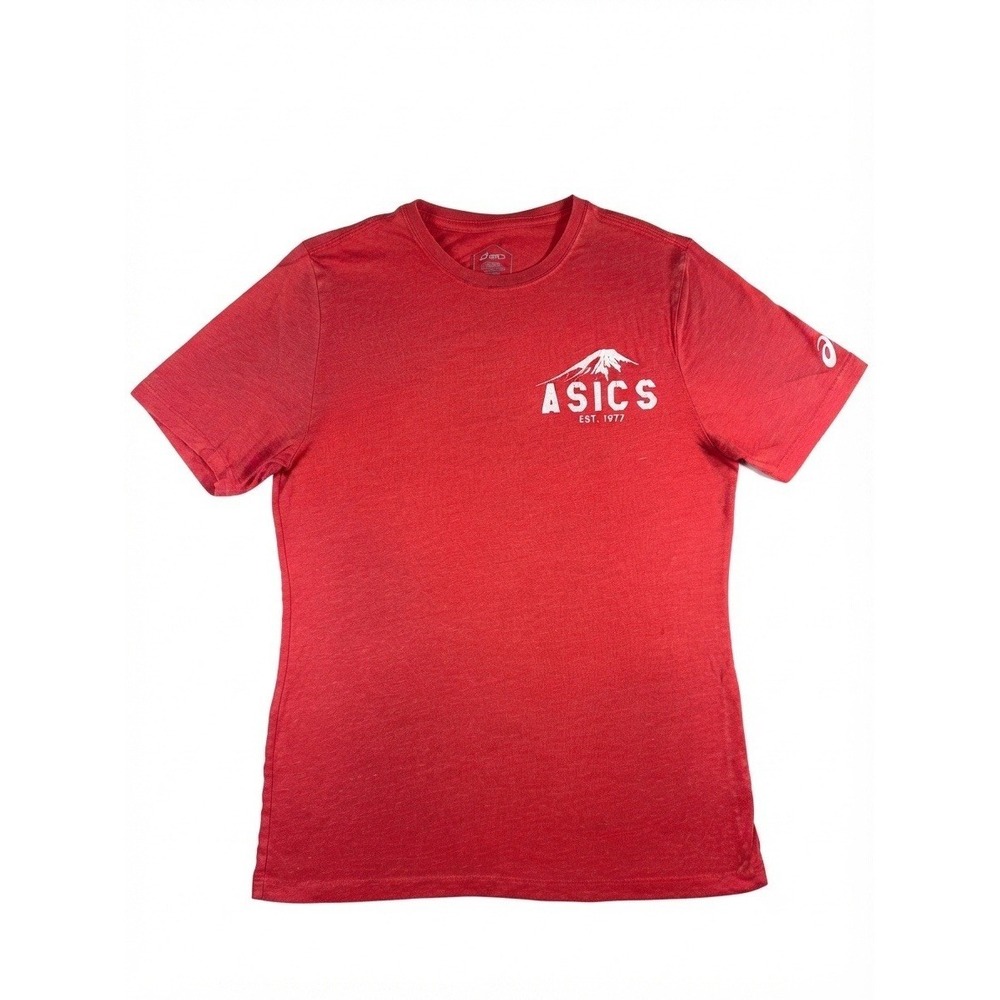 Asics Graphic T-Shirt Men's Small Red Mountain Logo Est 1977 Athletic Casual Tee